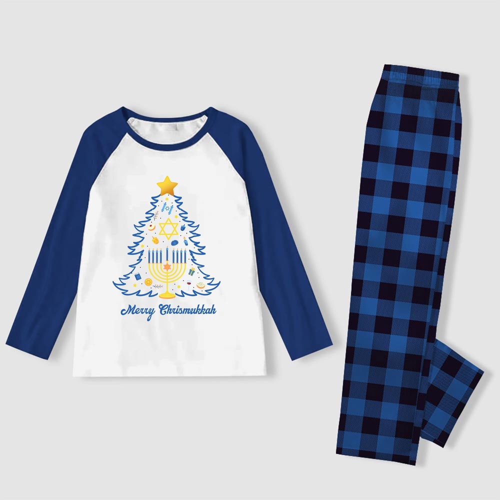 Merry Christmukkah Matching Family Pajama Set Blue Plaid with Pet Shirt