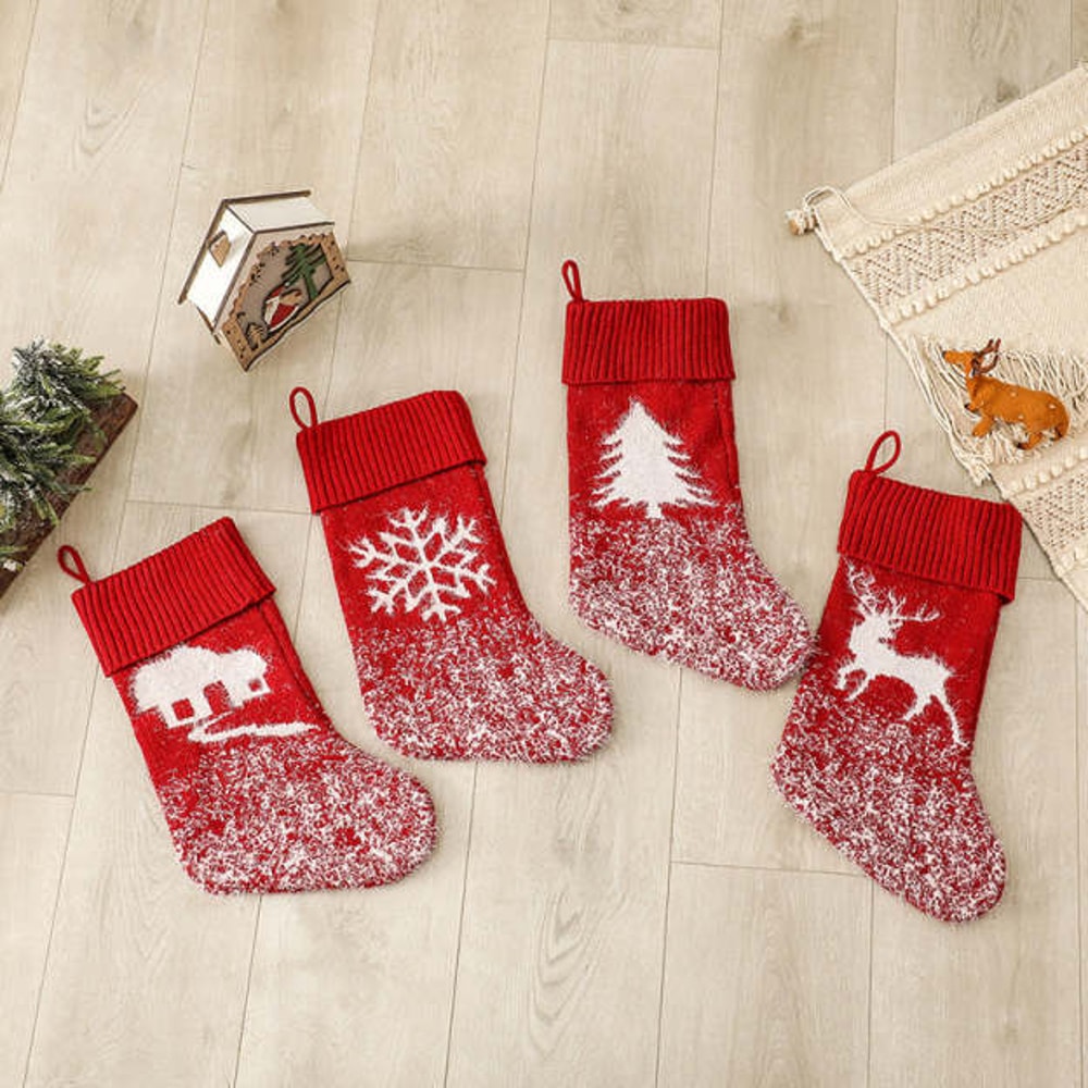 Red Knitted Christmas Stockings with Winter Holiday Patterns