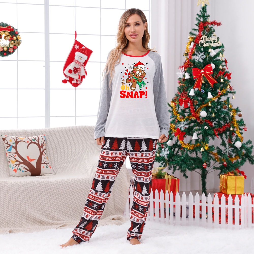 Oh Snap Gingerbread Christmas Matching Family Pajama Set Red and Gray