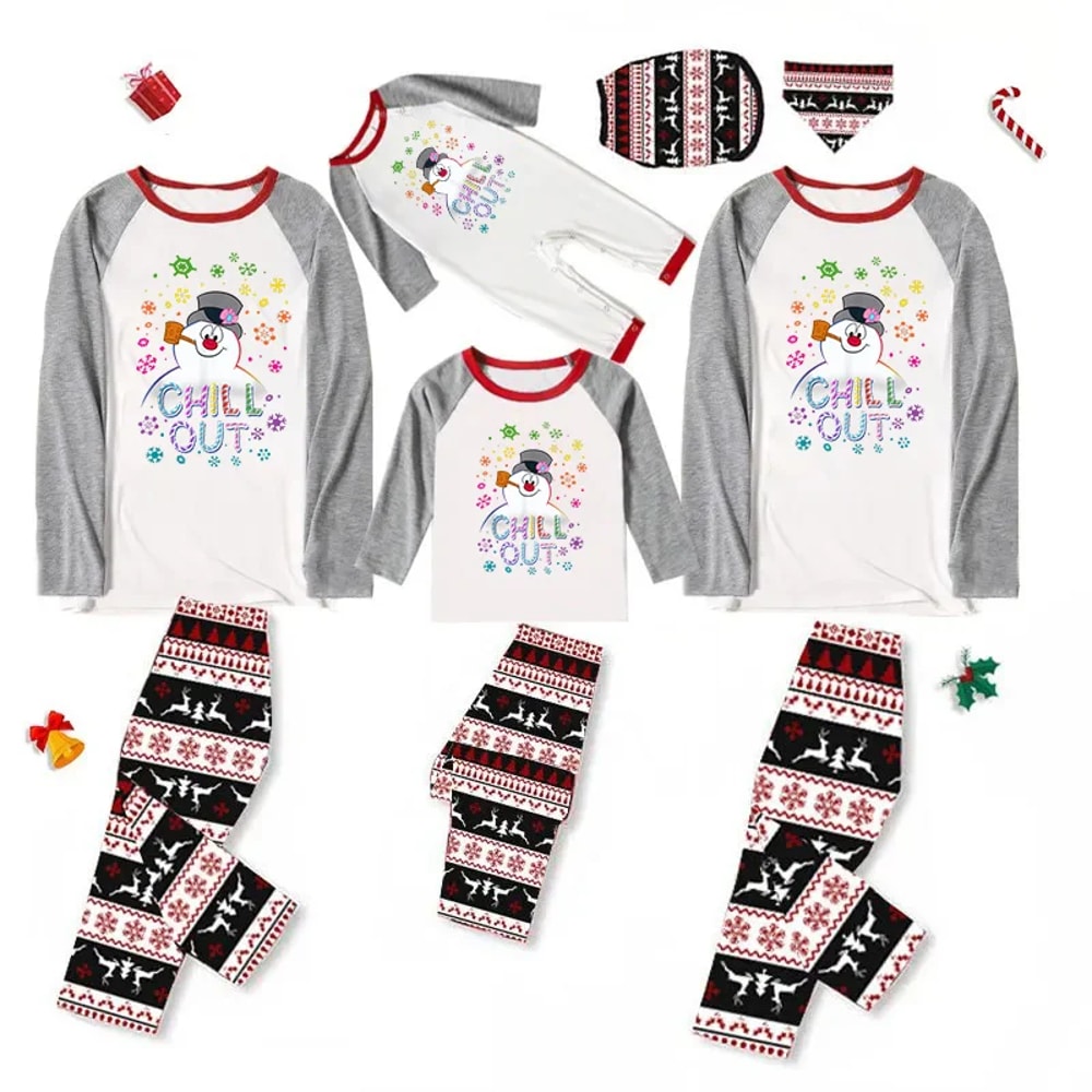 Frosty Chill Out Snowman Matching Family Christmas Pajama Set with Pet Outfit