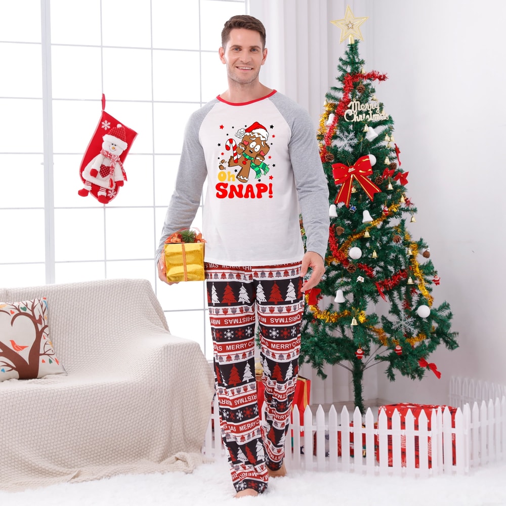 Oh Snap Gingerbread Christmas Matching Family Pajama Set Red and Gray