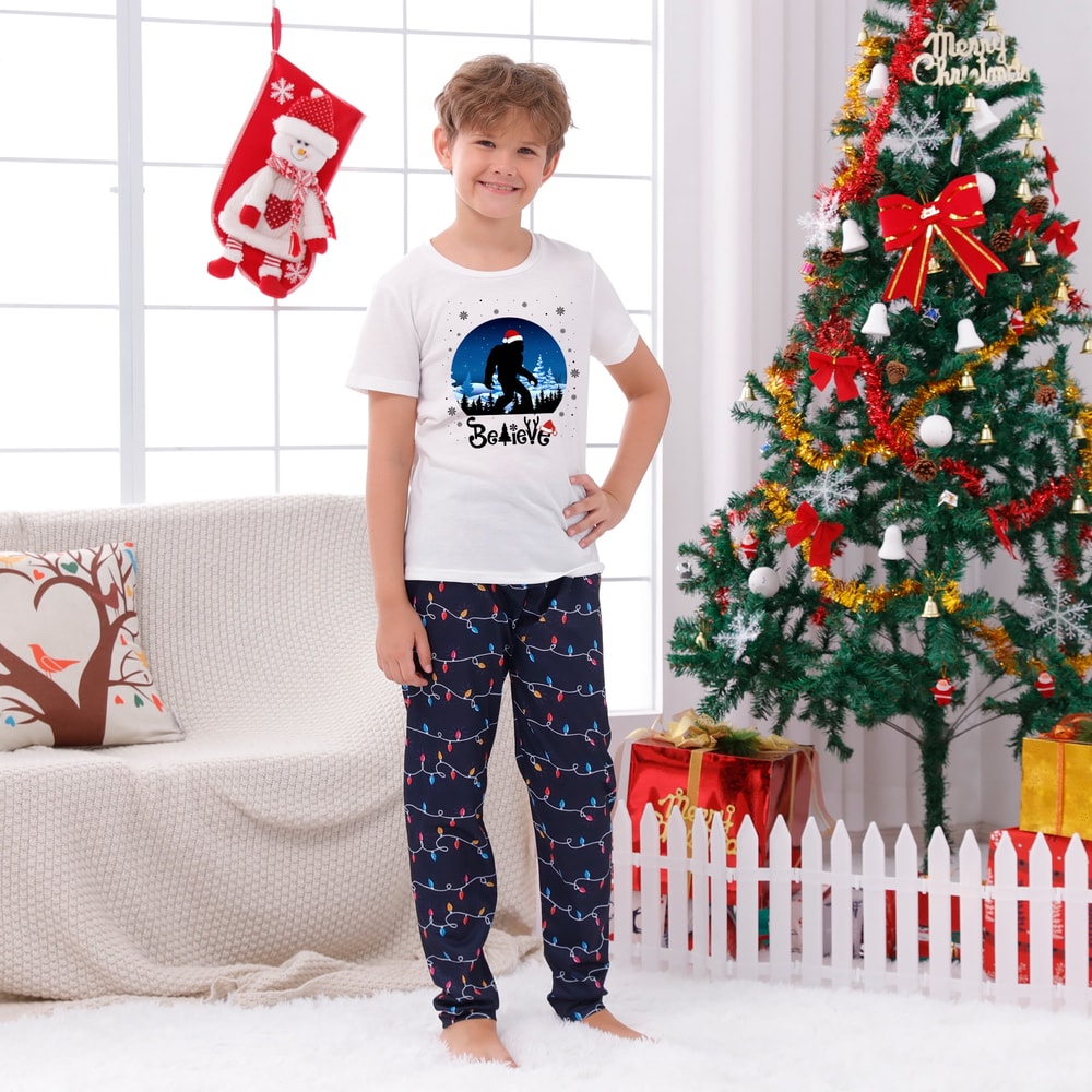 Navy Light String Believe Bigfoot Matching Family Christmas Sleepwear