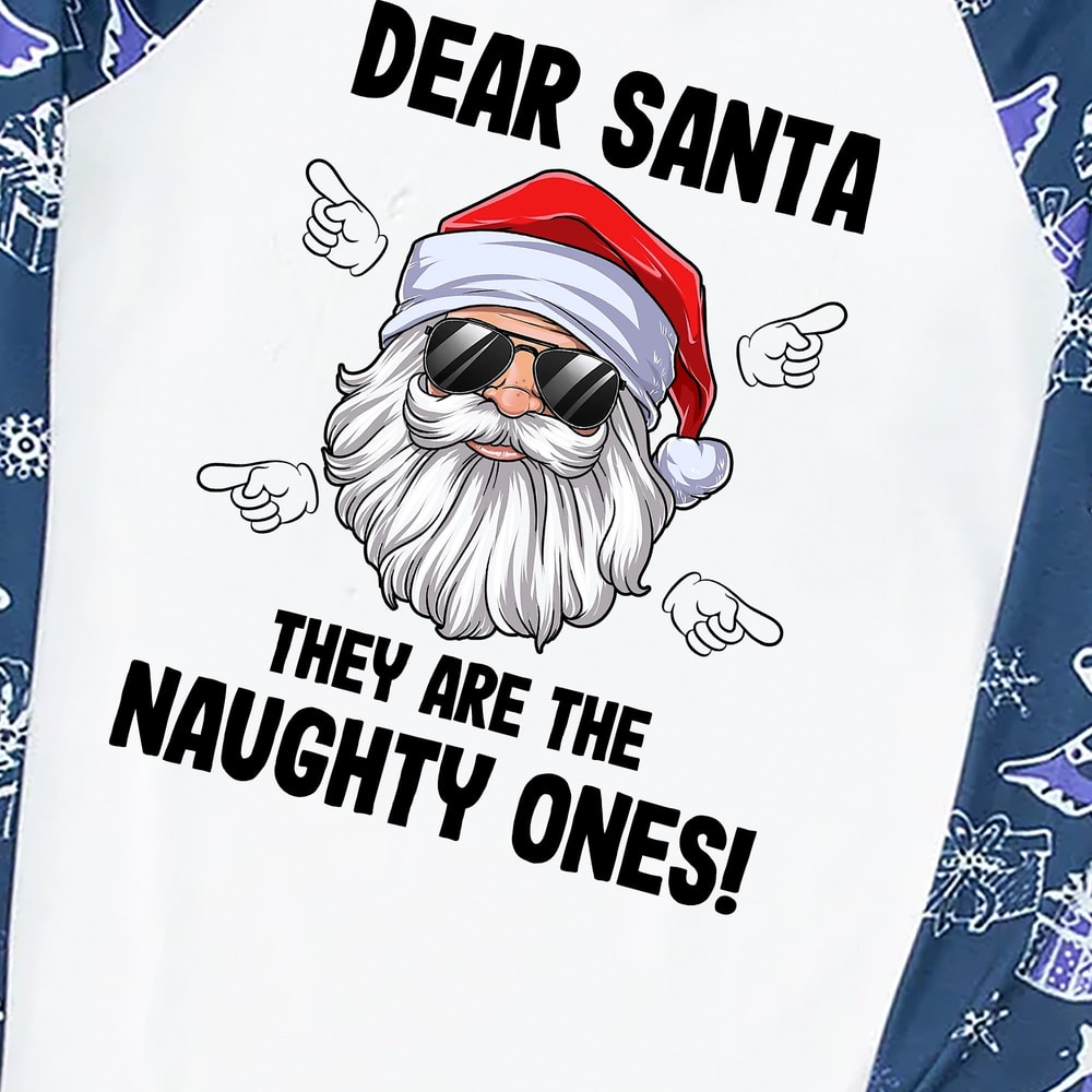 Dear Santa Naughty Ones Matching Family Christmas PJs Navy Tree Print
