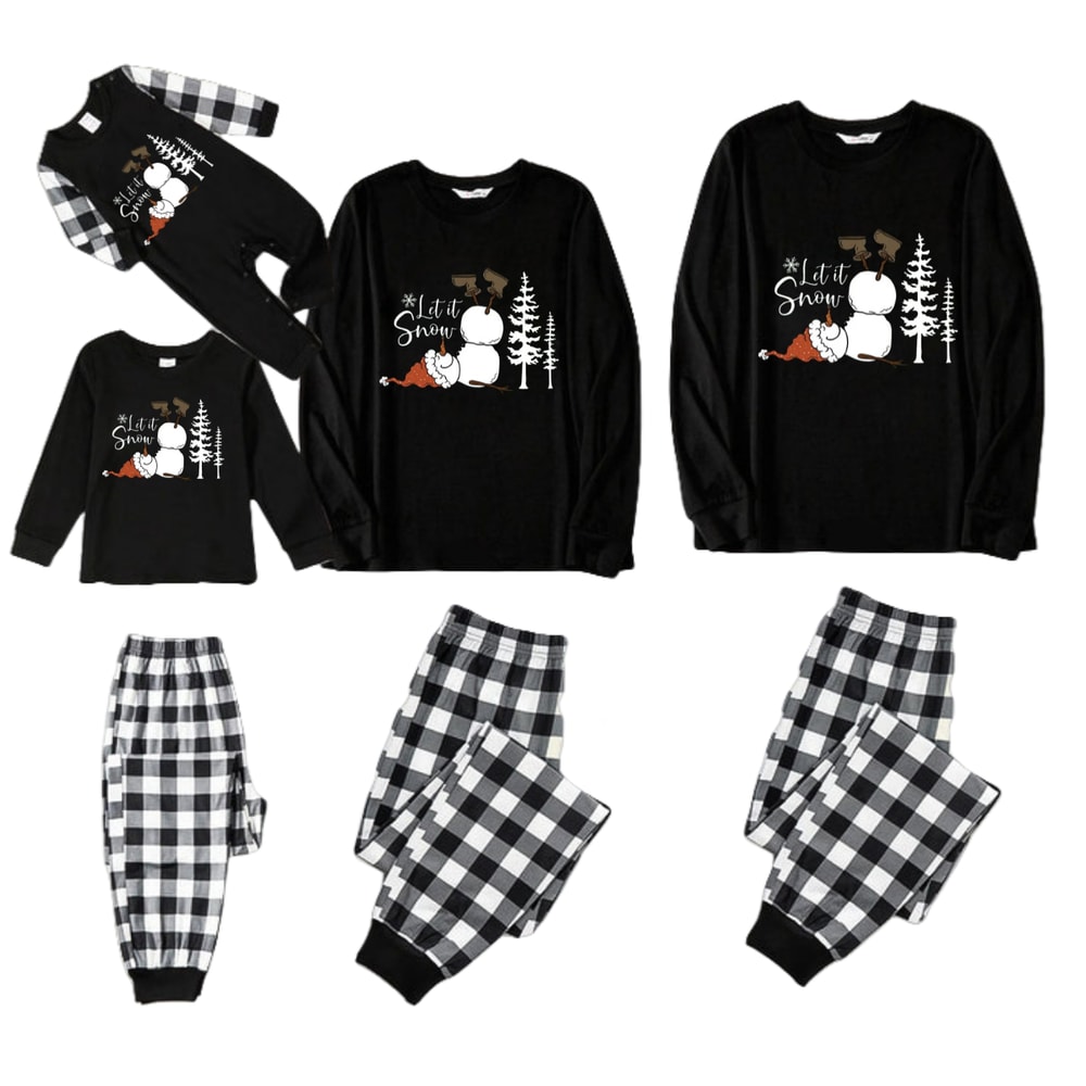 Let It Snow Black and White Plaid Family Christmas Pajama Set