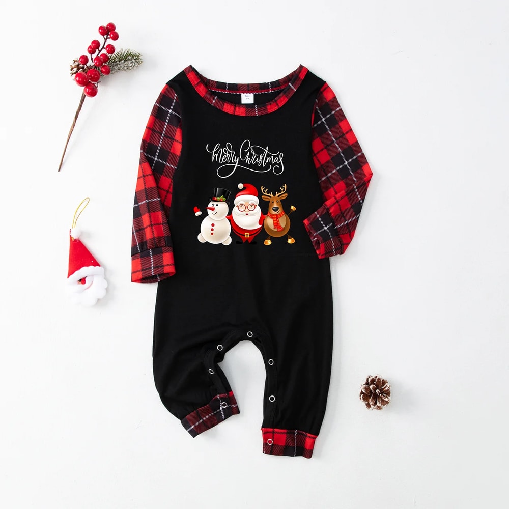 Santa, Snowman & Reindeer Red Plaid Family Christmas Pajamas