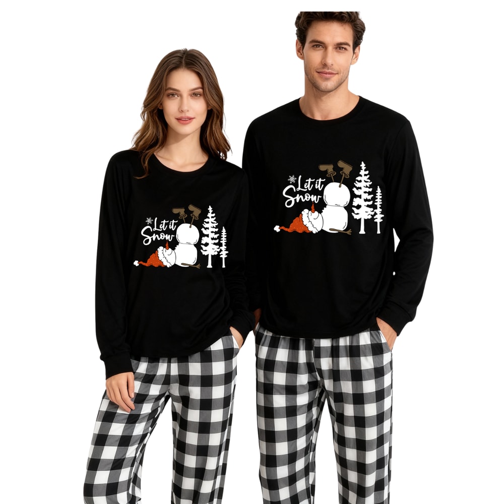 Let It Snow Black and White Plaid Family Christmas Pajama Set