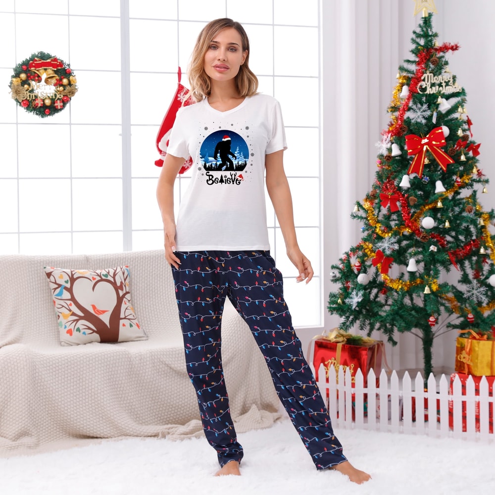 Navy Light String Believe Bigfoot Matching Family Christmas Sleepwear