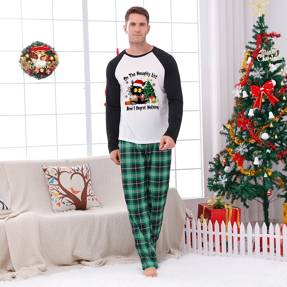 Funny Black Cat On the Naughty List Family Christmas PJs Green Plaid