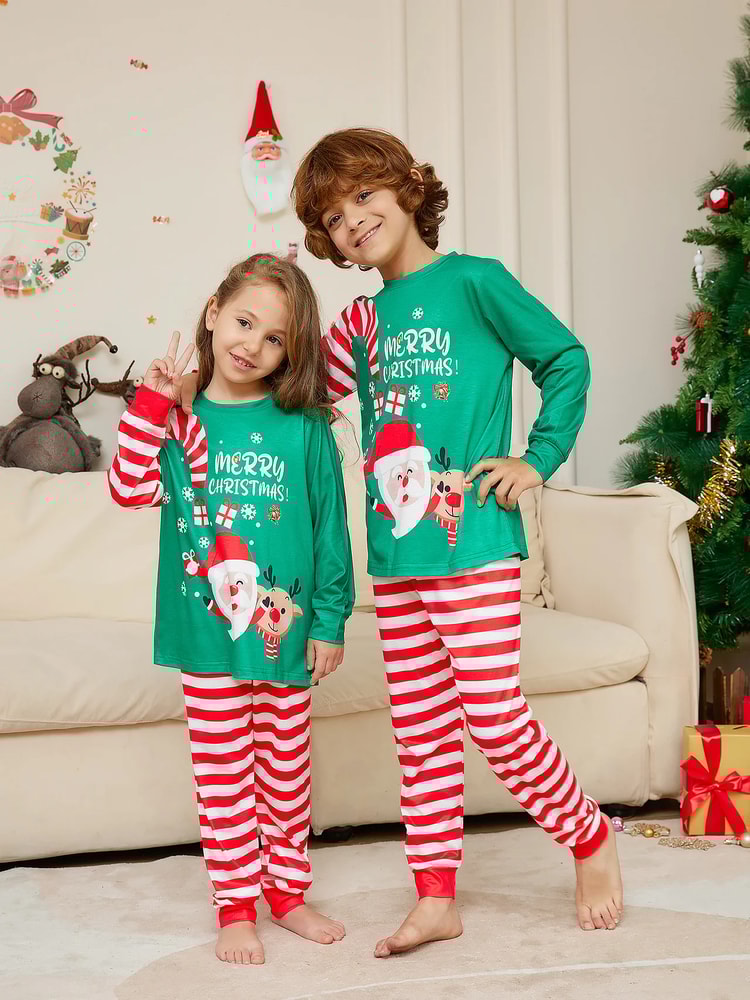 Green Merry Christmas Santa Striped Family Matching Pajamas