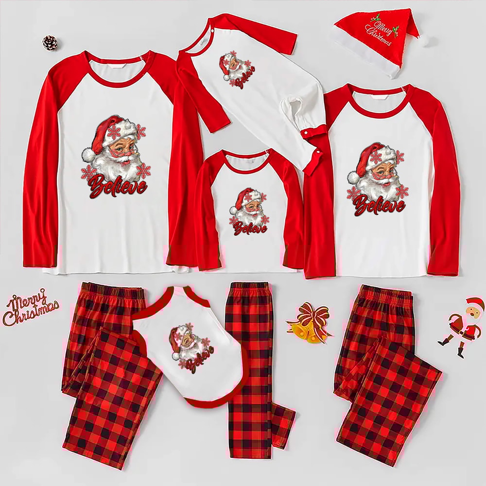 Santa Believe Matching Pajamas Red Plaid with Red Sleeves for Festive Family Fun