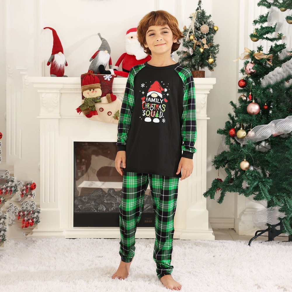 Family Christmas Squad Matching Holiday Pajama Set with Green Plaid Pants