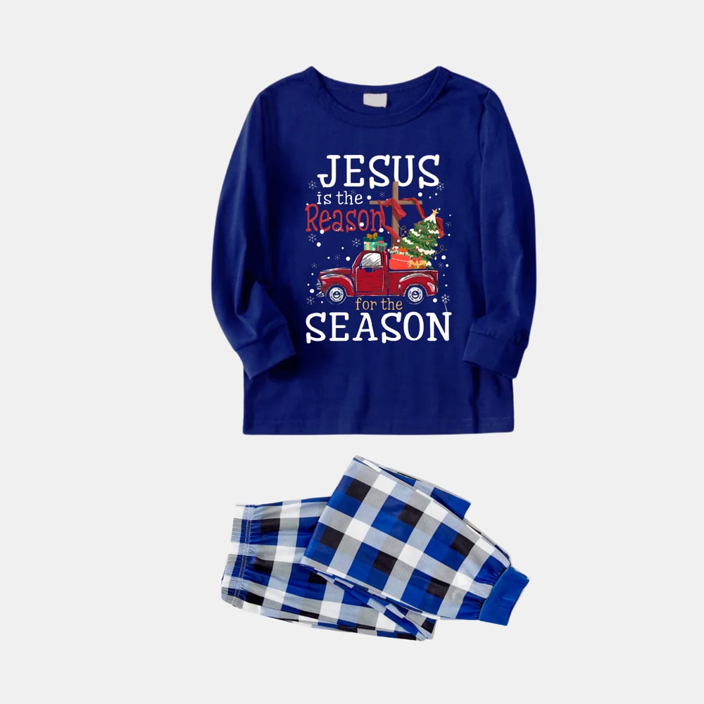 Jesus Is the Reason Red Truck Blue Christmas Pajama Set