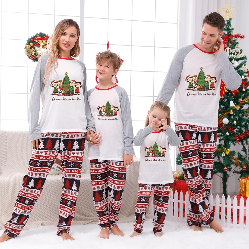 Oh Come Let Us Adore Him Peanuts Xmas Family Matching Pajamas