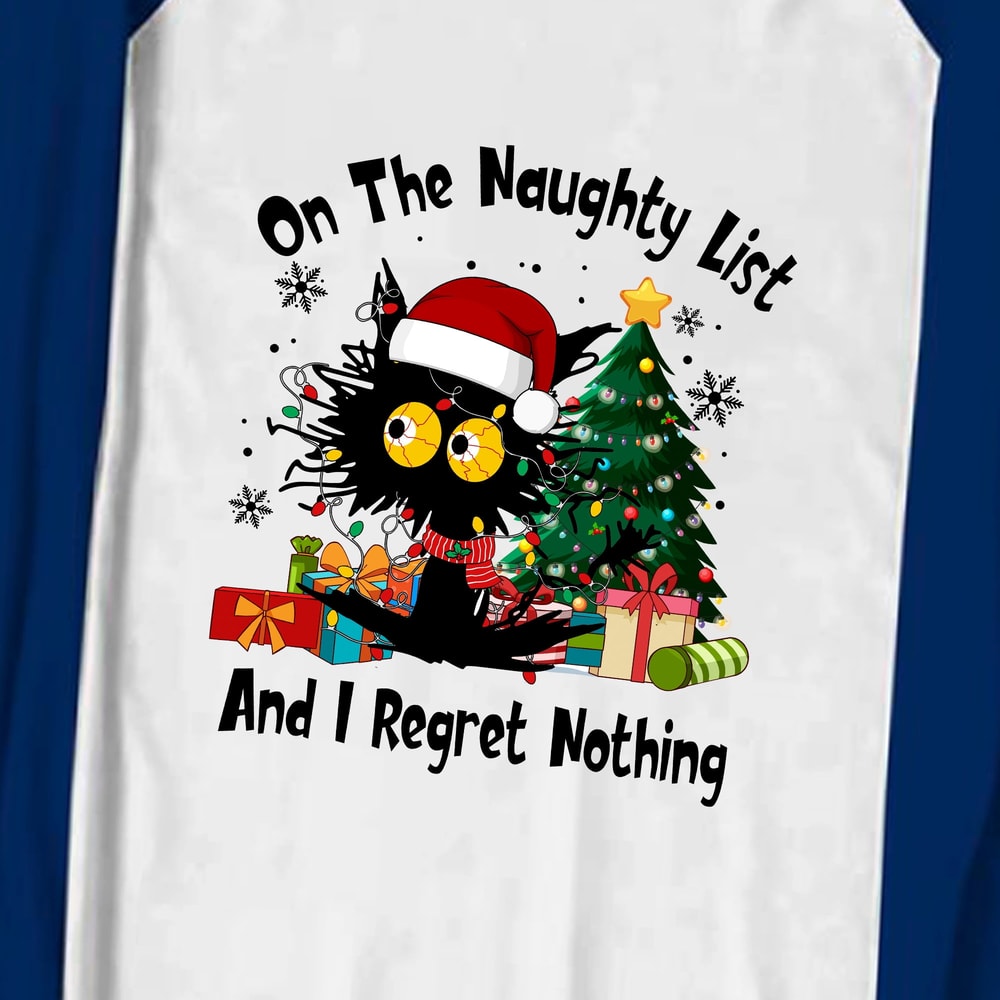 Funny Black Cat On the Naughty List Family Christmas PJs Blue