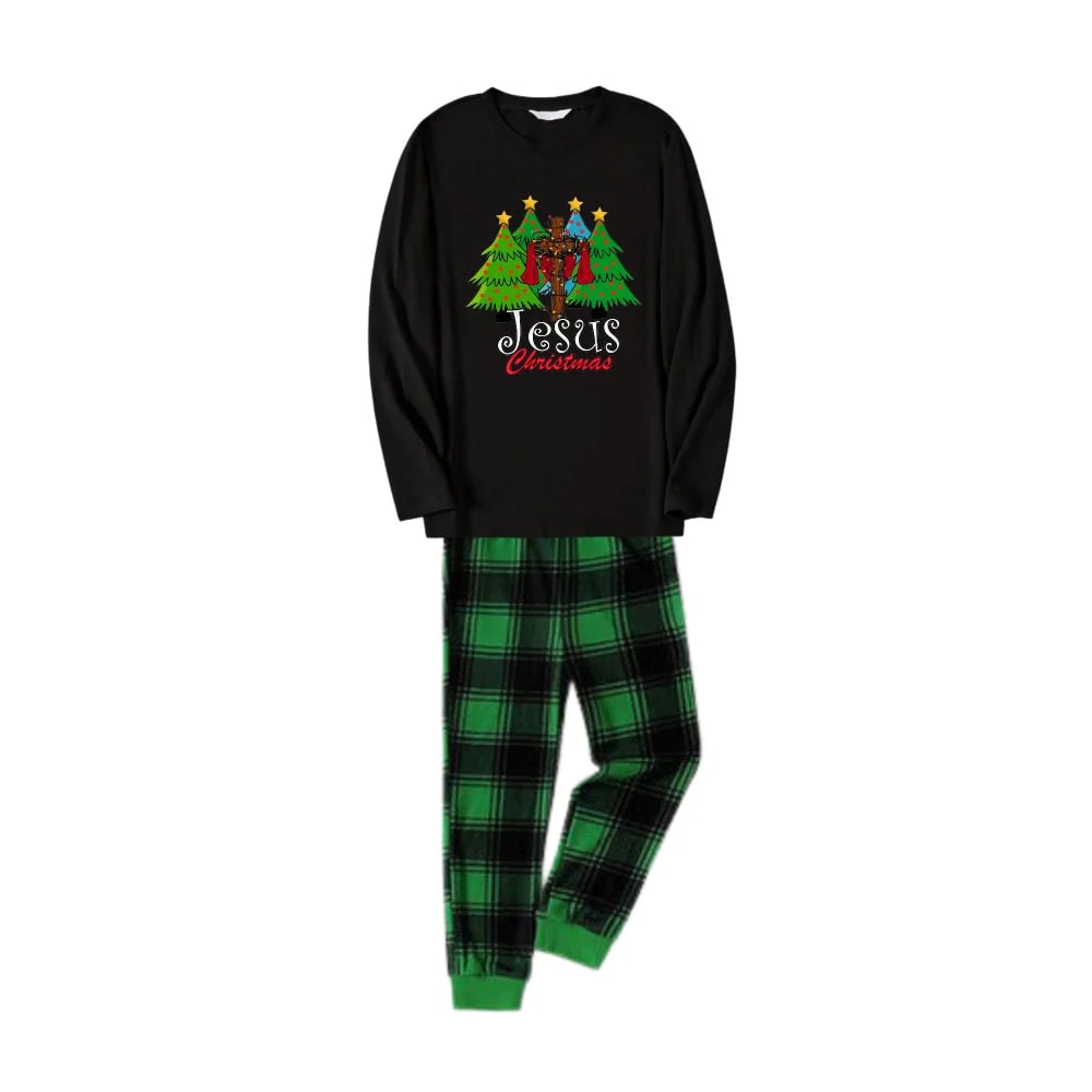 Black Jesus Christmas Family Matching Pajamas with Green Plaid Pants