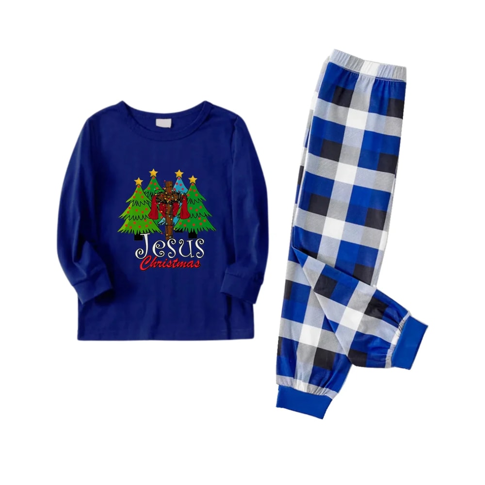 Jesus Christmas Tree Family Pajama Set in Blue