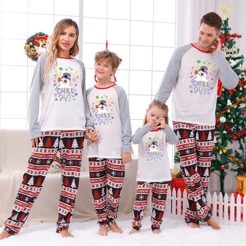 Frosty Chill Out Snowman Matching Family Christmas Pajama Set with Pet Outfit