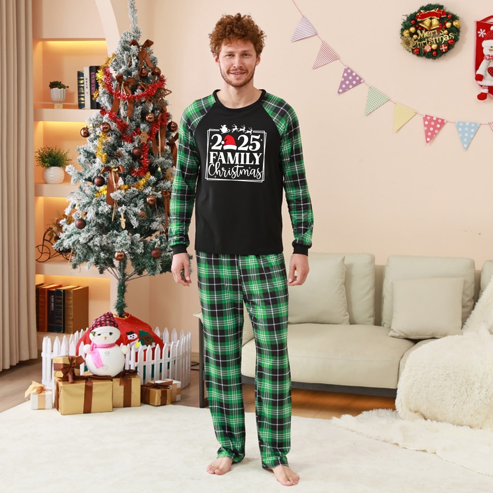 2025 Family Christmas PJs Green Plaid Matching Set for Families and Pets