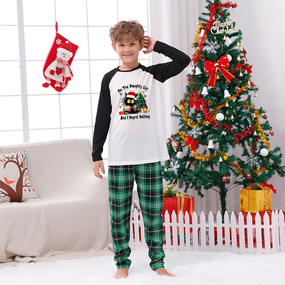 Funny Black Cat On the Naughty List Family Christmas PJs Green Plaid