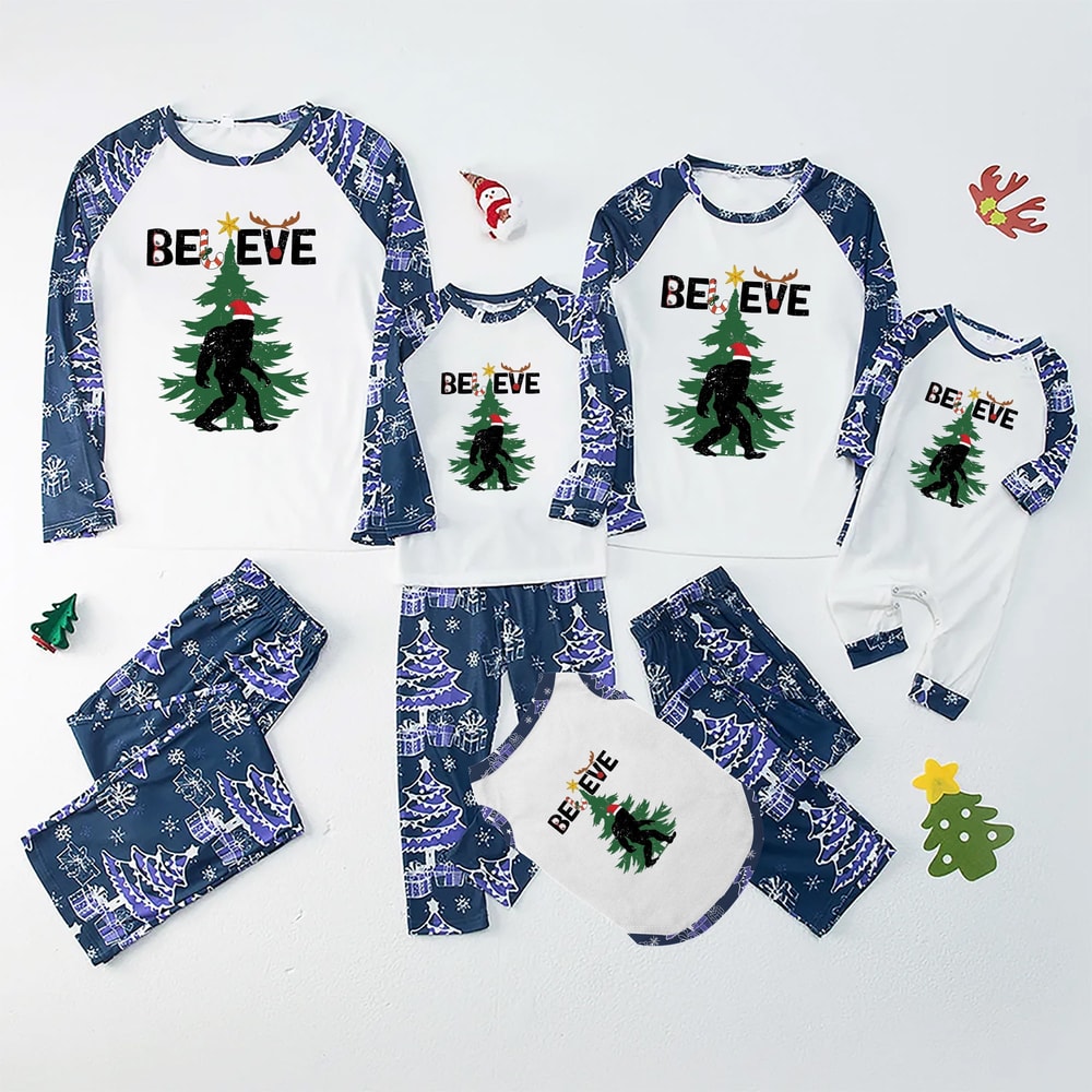 Bigfoot Believe Holiday Matching Family Pajama Set Navy Christmas Tree