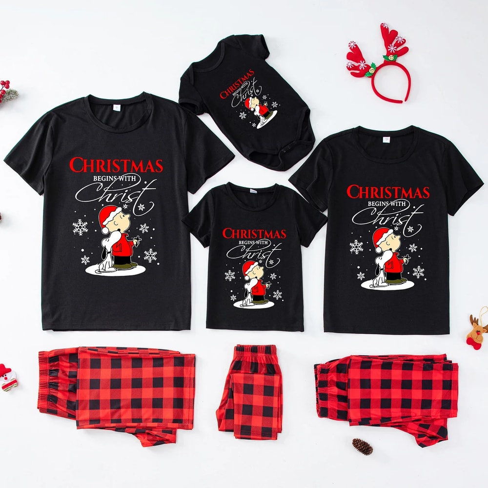 Christmas Begins With Christ Snoopy Short Sleeve Family Matching Pajamas