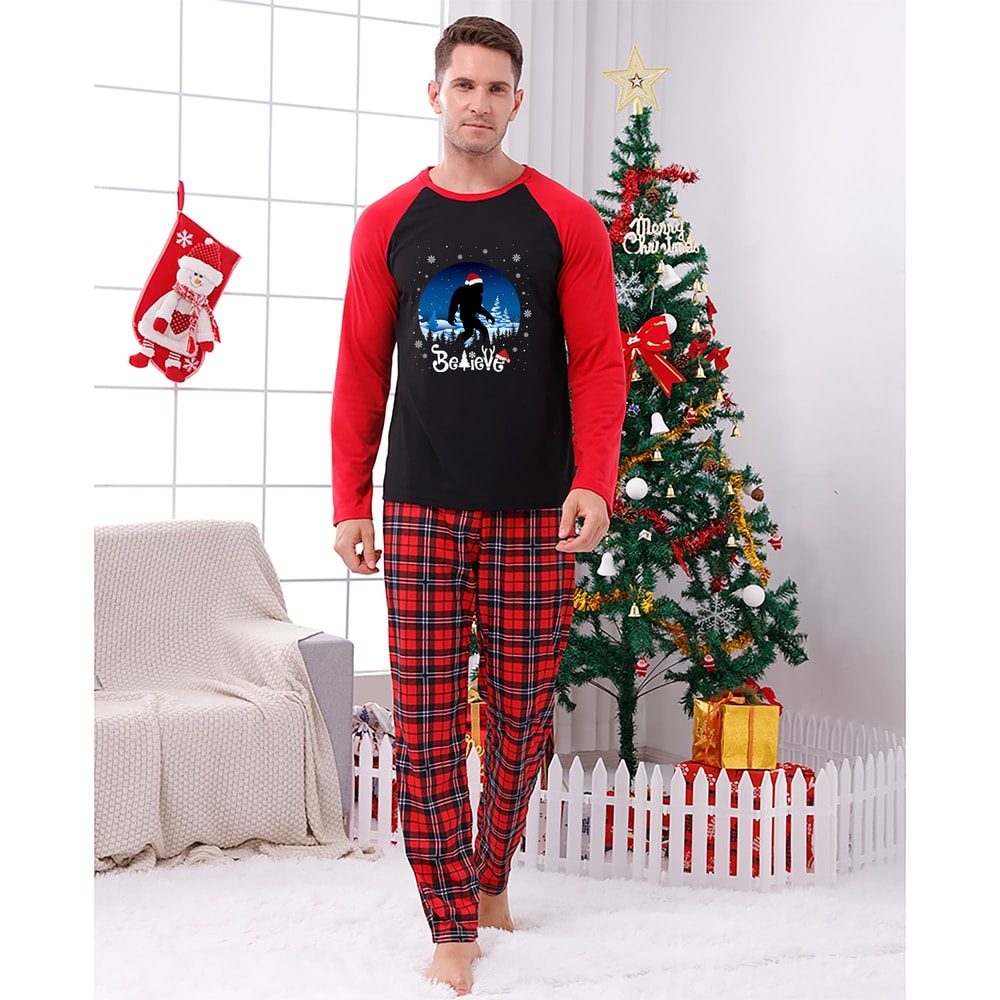 Believe Bigfoot Matching Family Christmas Pajama Set Red Plaid