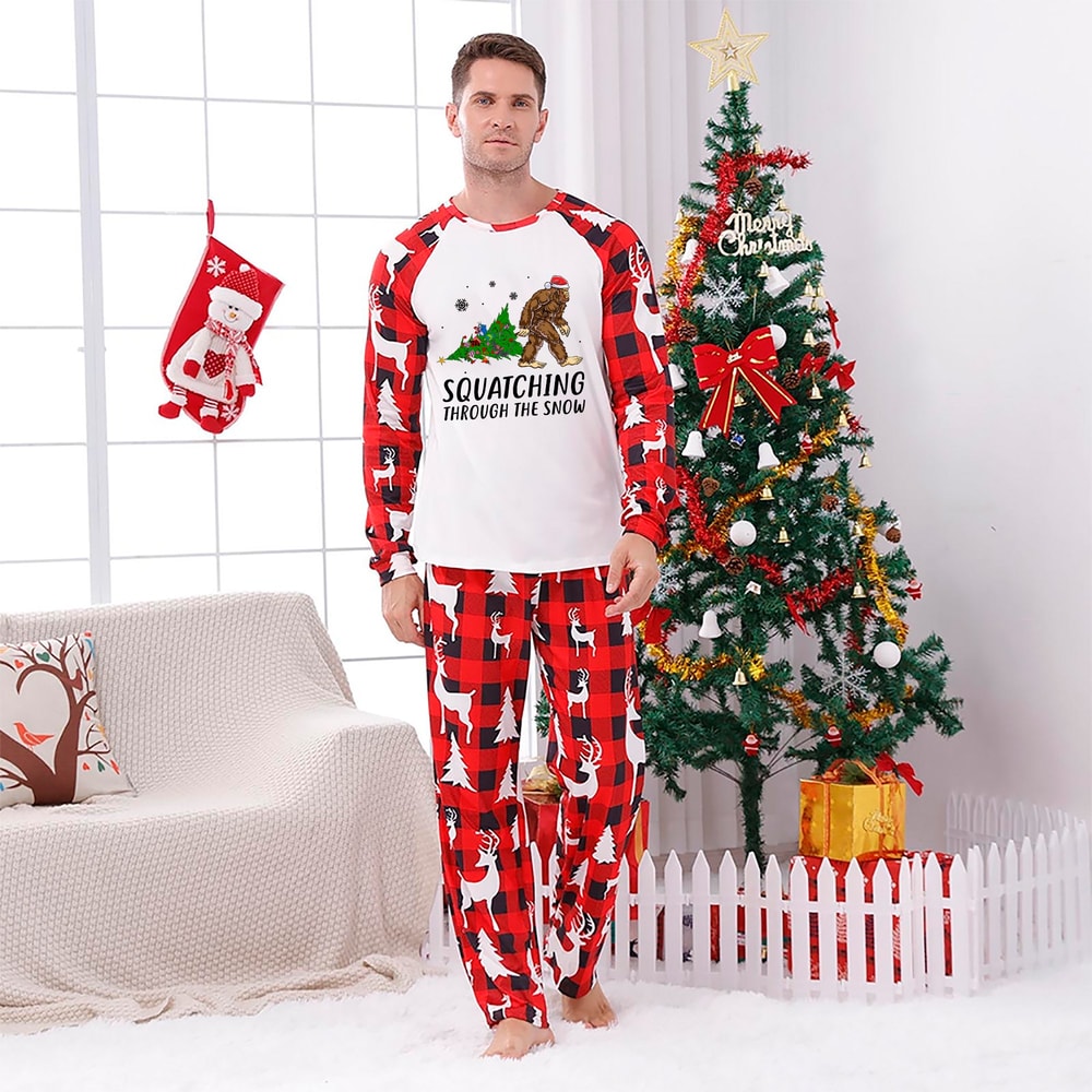 Bigfoot Squatching Through the Snow Family Christmas PJs Red