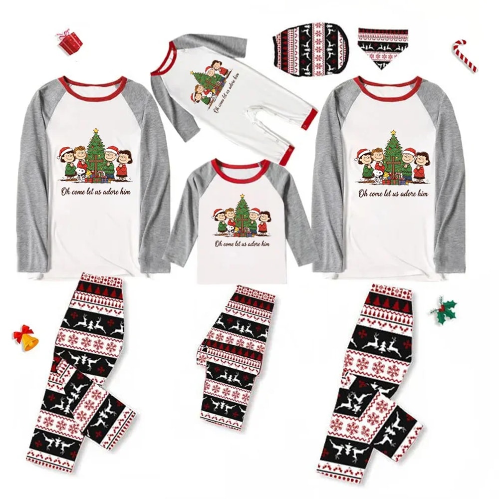 Oh Come Let Us Adore Him Peanuts Xmas Family Matching Pajamas