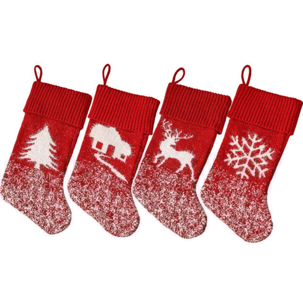 Red Knitted Christmas Stockings with Winter Holiday Patterns