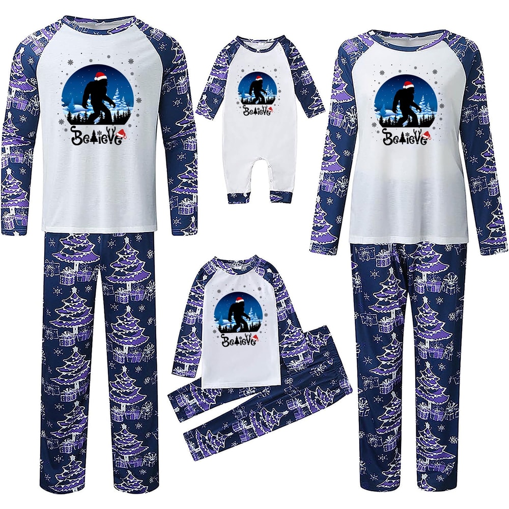 Navy Believe Bigfoot Matching Family Christmas PJs with Pet Outfit