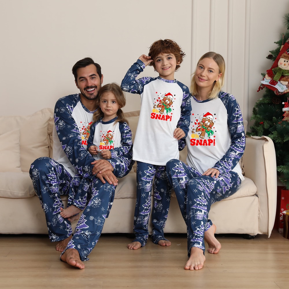 Family Pajamas Christmas Set With Oh Snap Gingerbread Man Blue