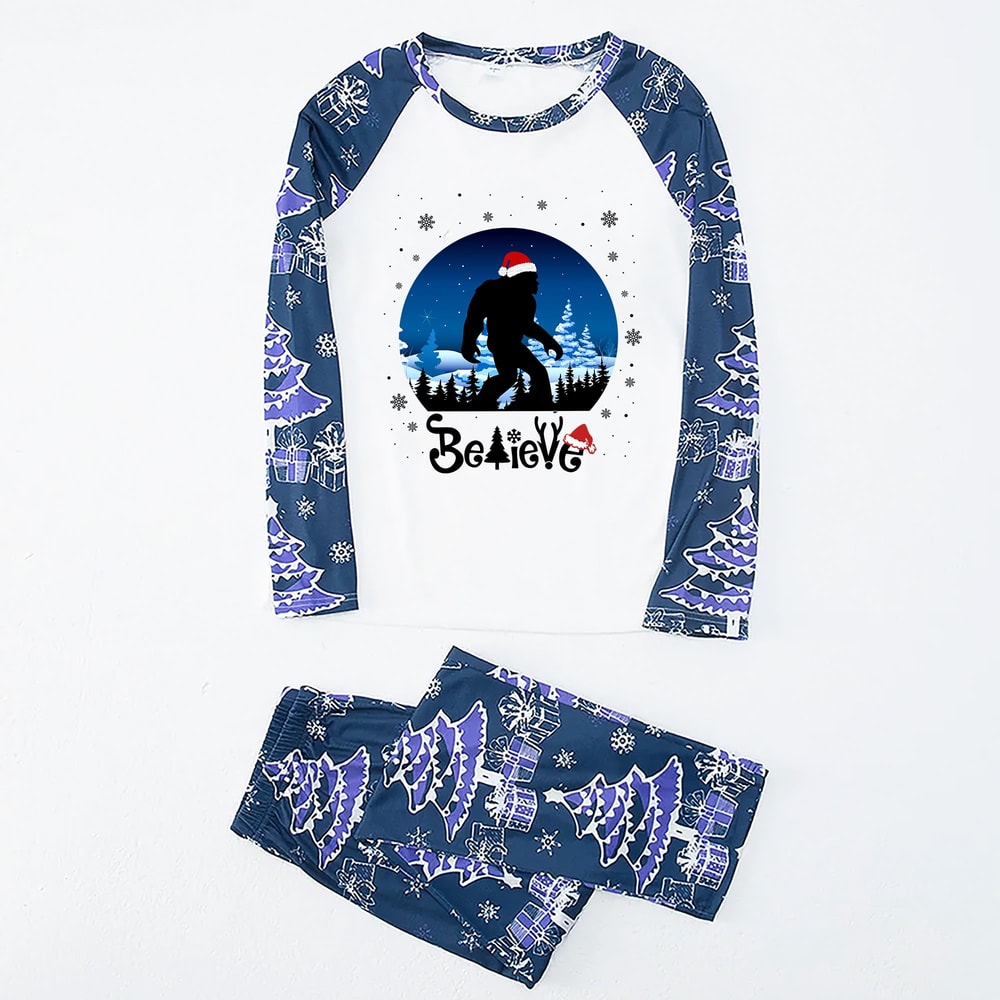Navy Believe Bigfoot Matching Family Christmas PJs with Pet Outfit