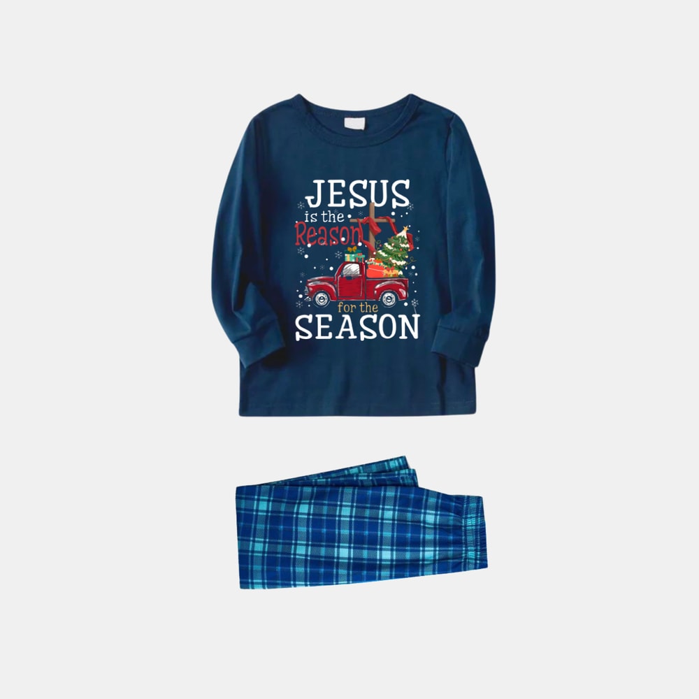 Christian Blue Plaid Family Matching Christmas Pajama Set for Adults Kids and Pets