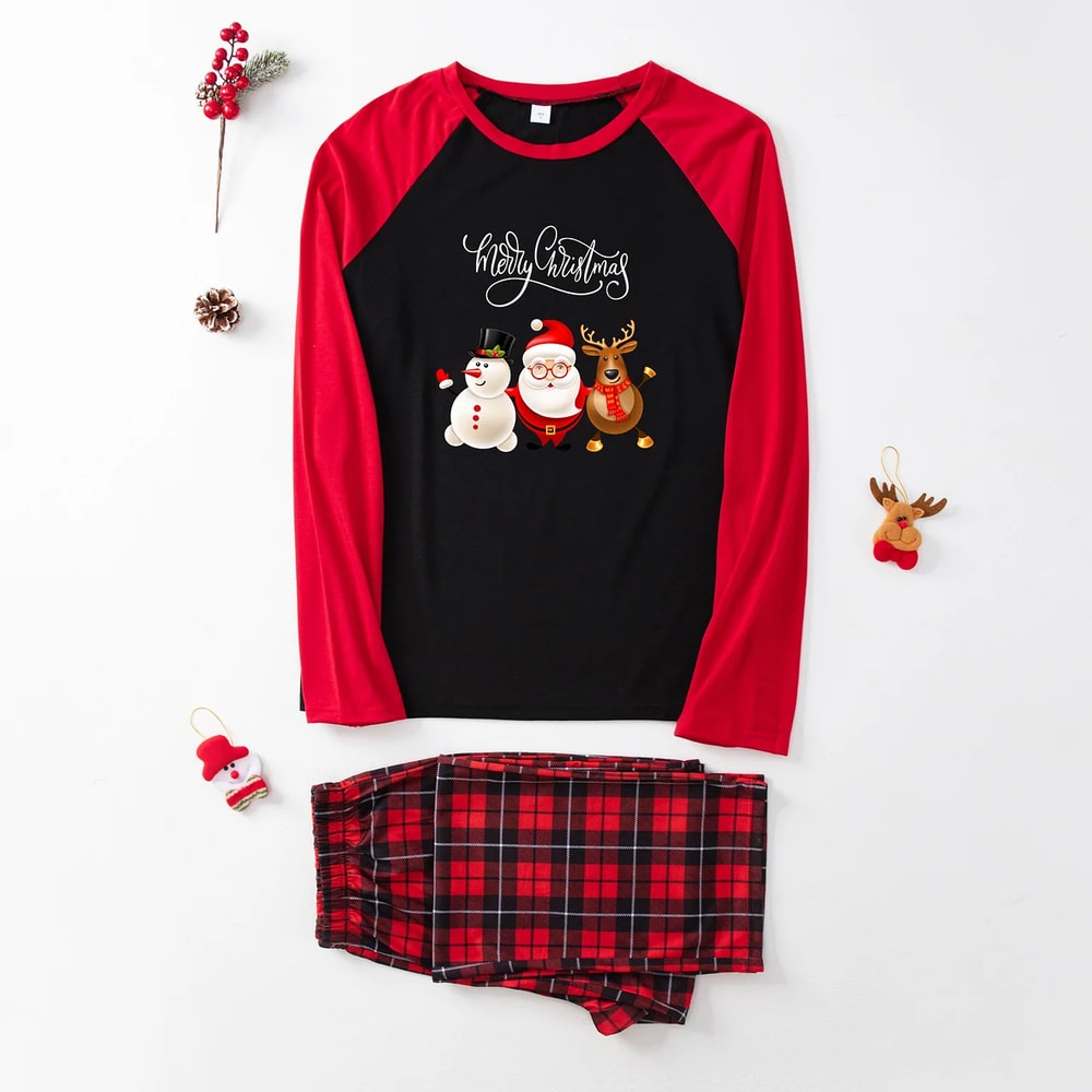 Santa, Snowman & Reindeer Red Plaid Family Christmas Pajamas