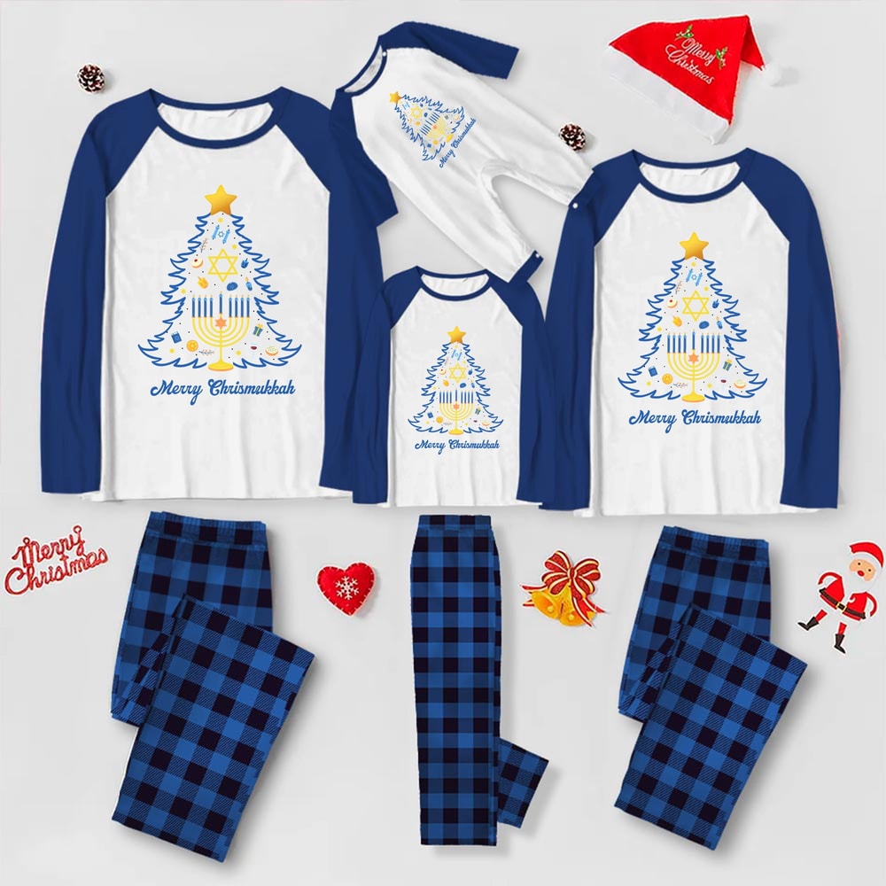 Merry Christmukkah Matching Family Pajama Set Blue Plaid with Pet Shirt