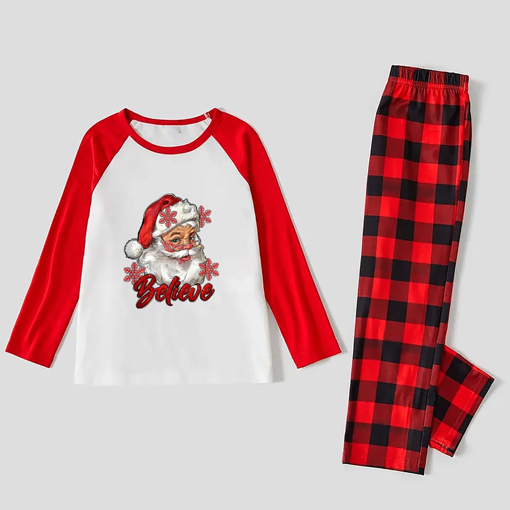 Santa Believe Matching Pajamas Red Plaid with Red Sleeves for Festive Family Fun