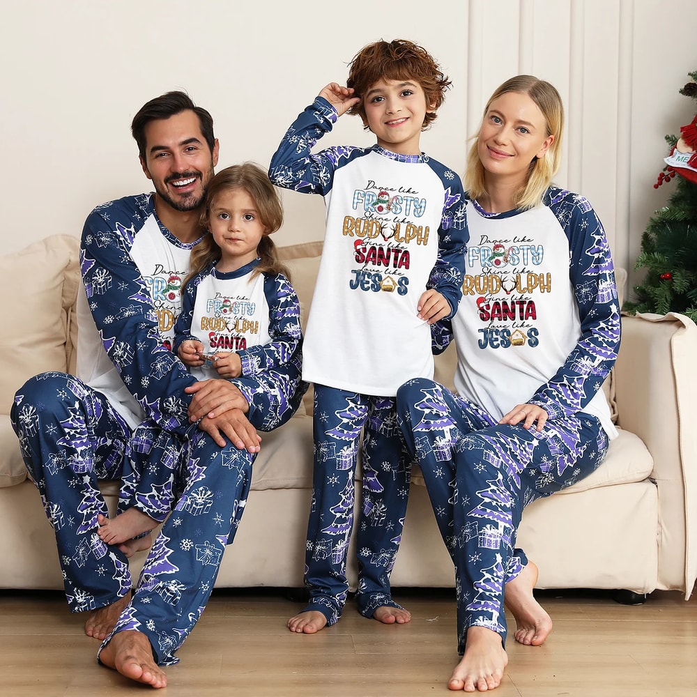 Frosty,Rudolph,Santa&Jesus Christmas Blue Matching Pajamas