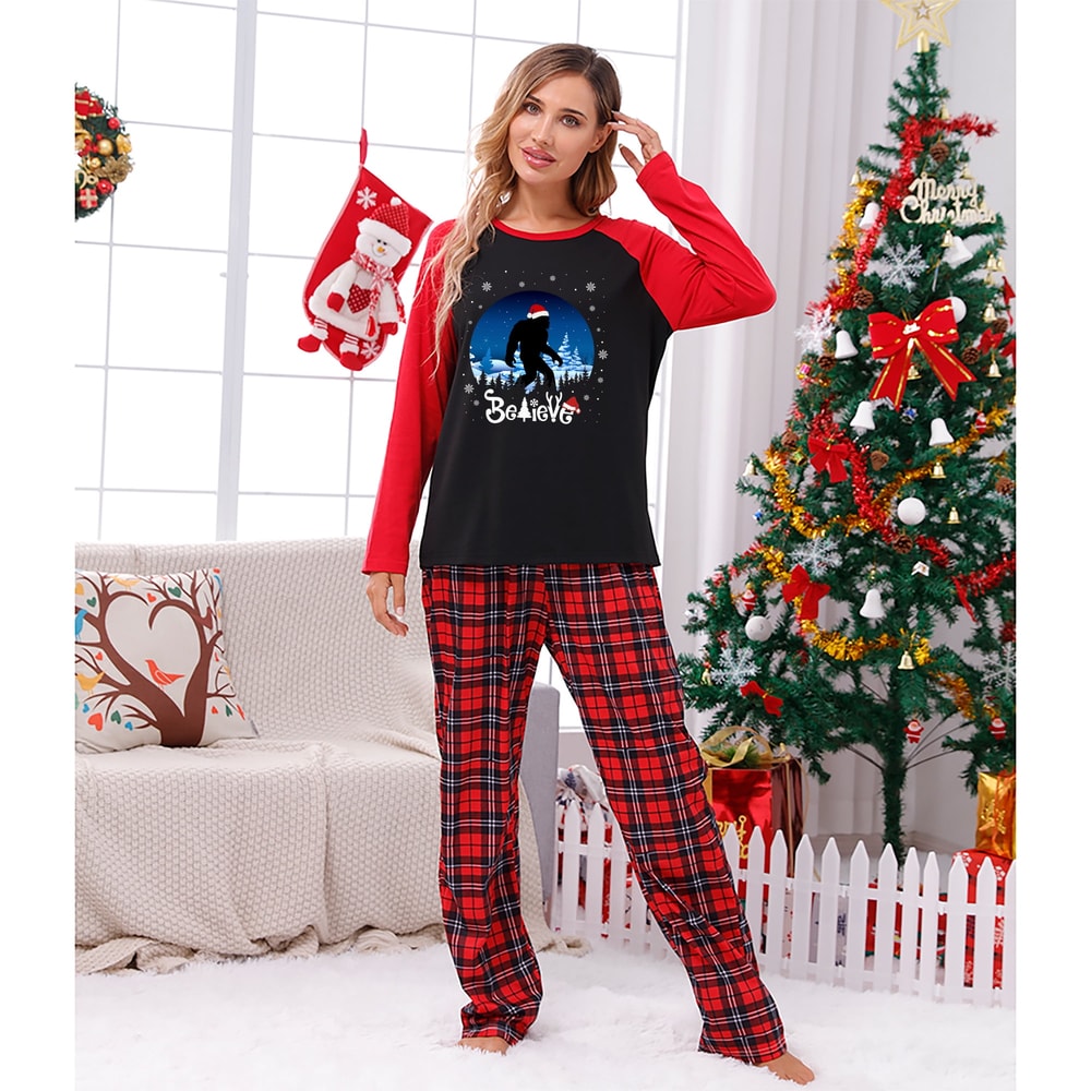 Believe Bigfoot Matching Family Christmas Pajama Set Red Plaid