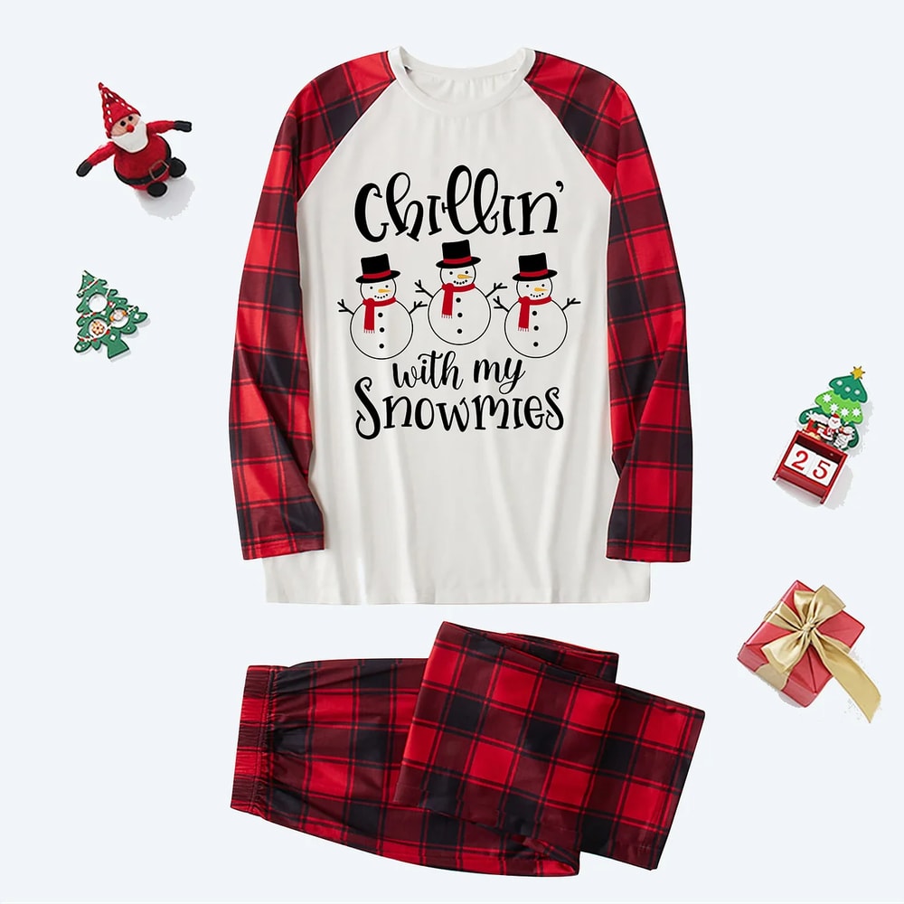 Chillin' with my Snowmies Red Plaids Family Matching Pajamas Set
