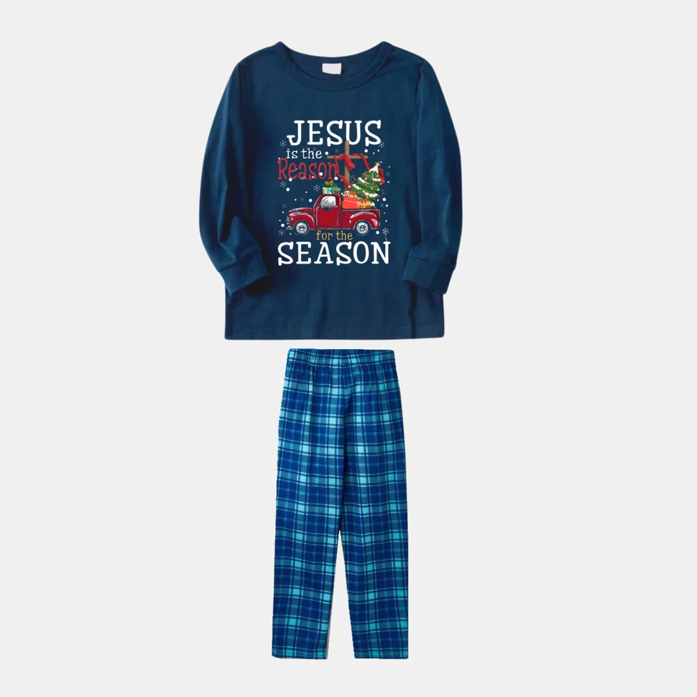 Christian Blue Plaid Family Matching Christmas Pajama Set for Adults Kids and Pets