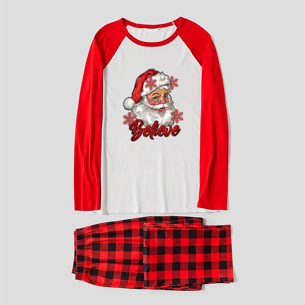 Santa Believe Matching Pajamas Red Plaid with Red Sleeves for Festive Family Fun