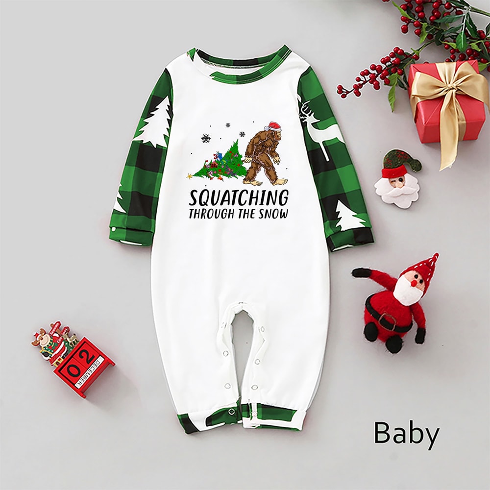 Bigfoot Holiday Matching Family PJs Squatching Through the Snow Green