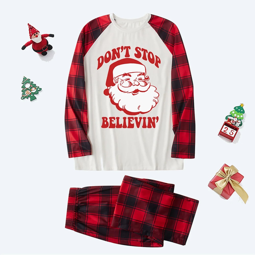 Don't Stop Believe Santa Print Christmas Family Matching Pajamas Set