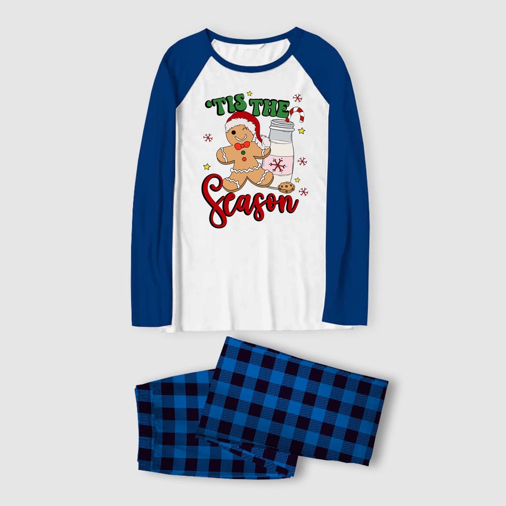 Tis the Season Gingerbread Matching Family Christmas Pajama Set Blue Plaid