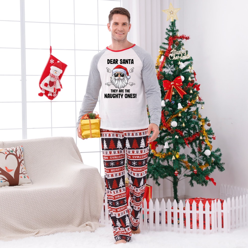 Funny Dear Santa Matching Family Christmas PJs Red and Gray