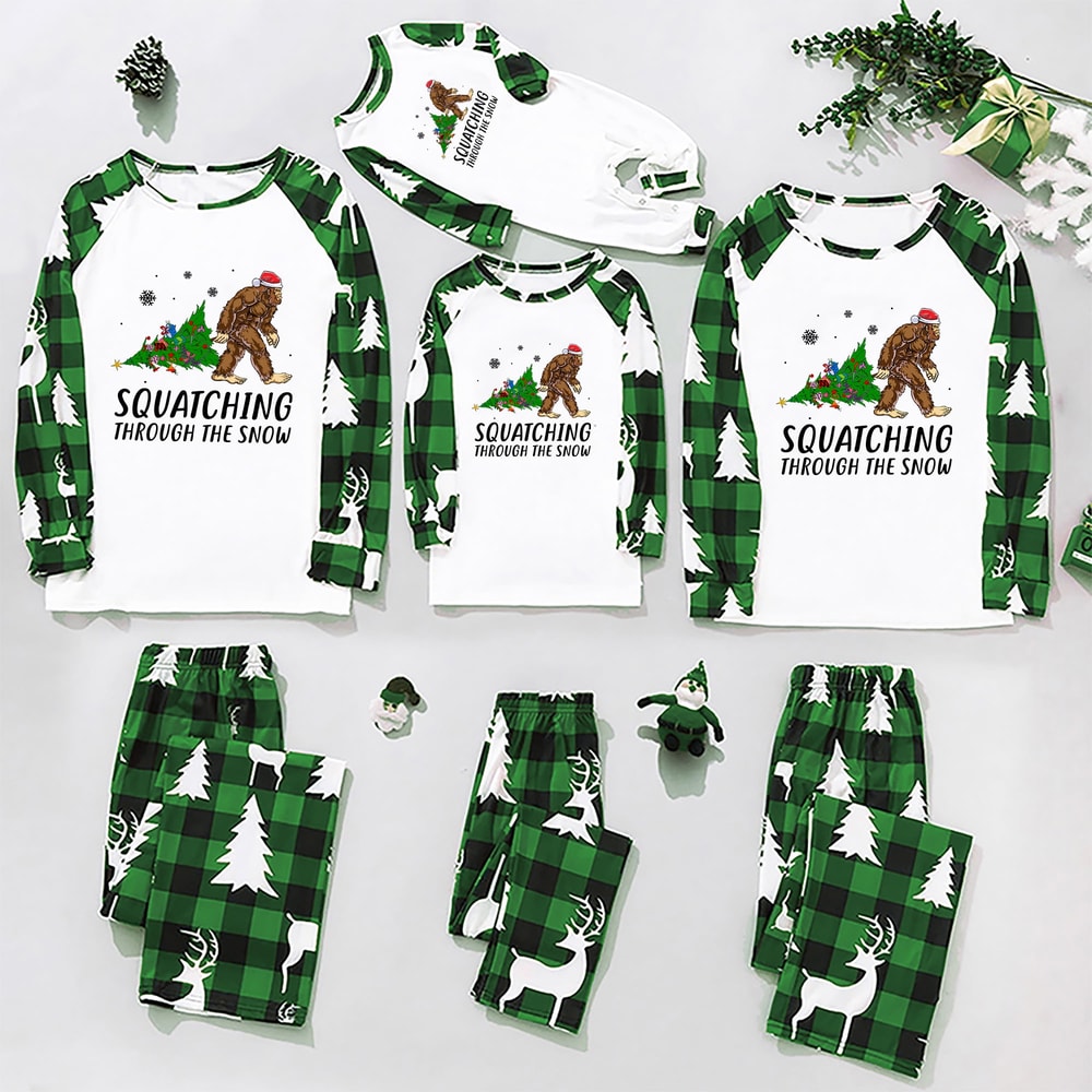 Bigfoot Holiday Matching Family PJs Squatching Through the Snow Green