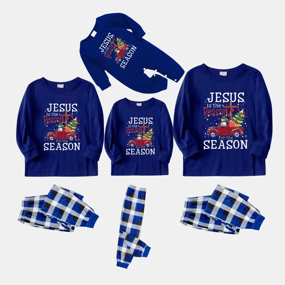 Jesus Is the Reason Red Truck Blue Christmas Pajama Set