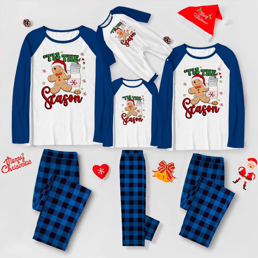 Tis the Season Gingerbread Matching Family Christmas Pajama Set Blue Plaid