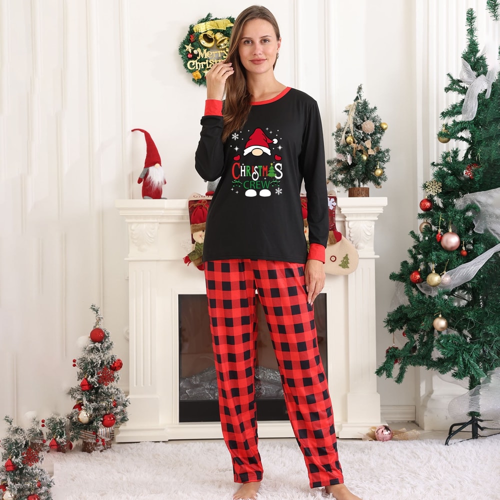 Christmas Crew Gnome Family Holiday Pajamas with Red Check Pants