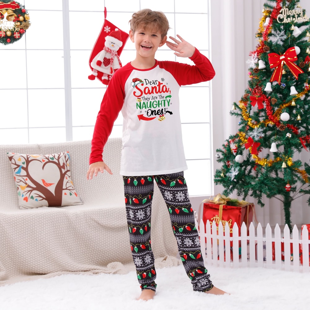 Dear Santa They Are the Naughty Ones Matching Family Christmas Pajama Set Light String Print